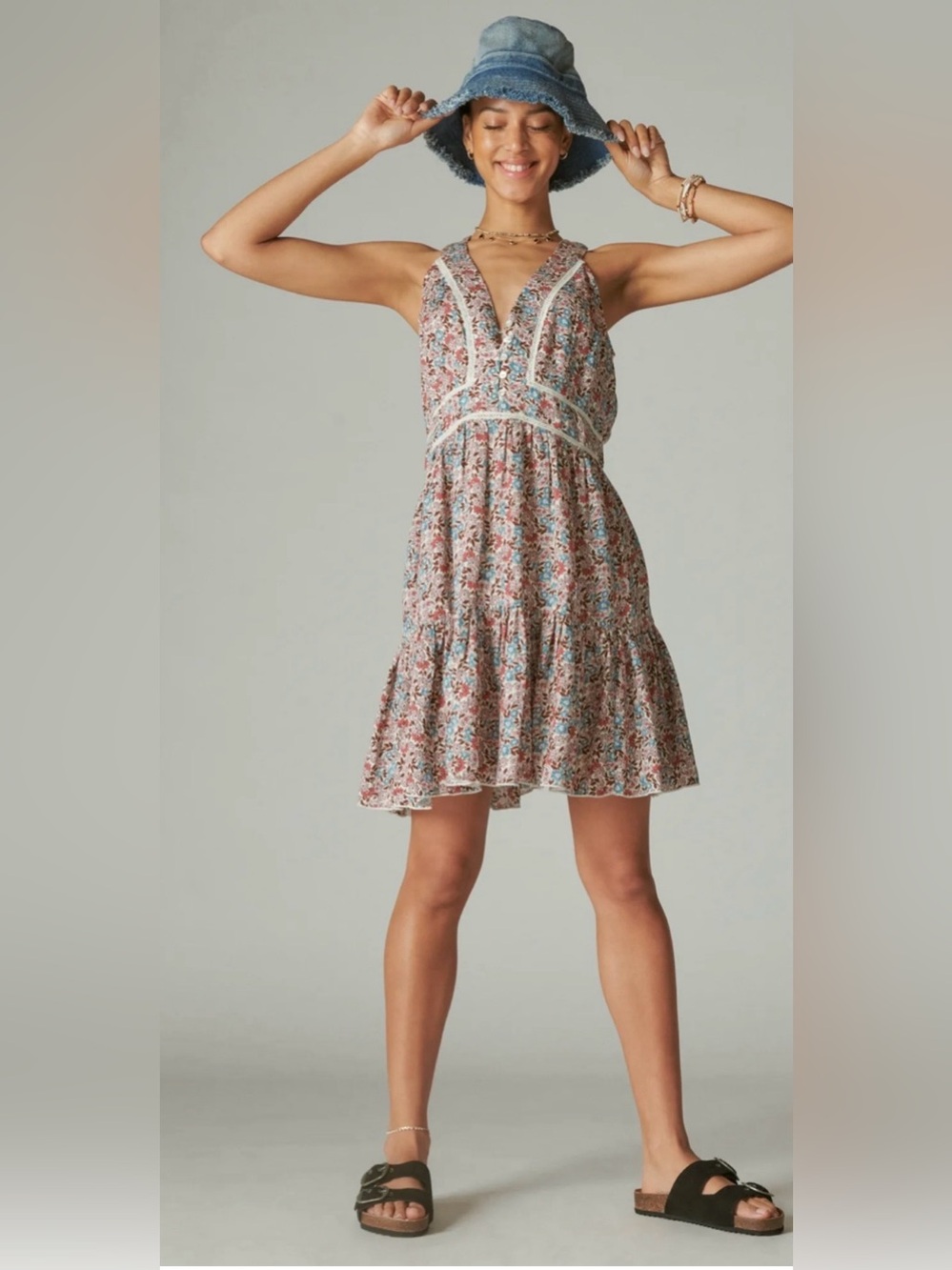 Lucky Brand Floral Peasant Mini Dress Tiered Flowy Hem Boho Indie Large prairie